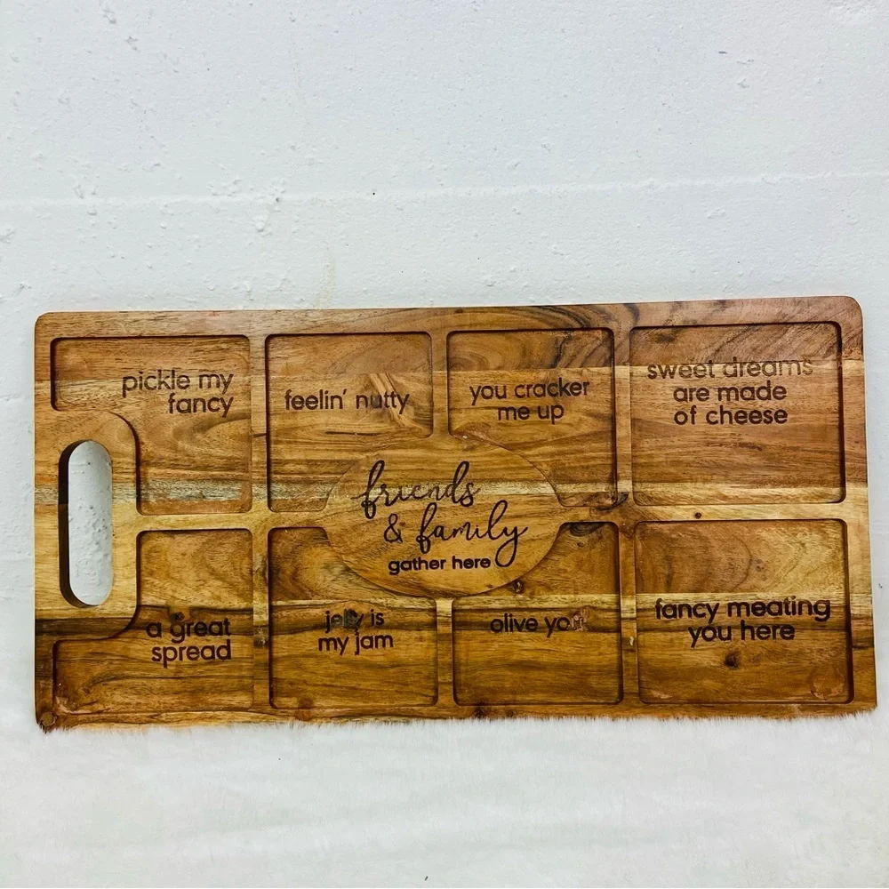 NWOT Kirkland home Engraved Wood cheeky Charcuterie Board Friends & Family